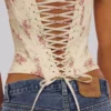 Cadie Ivory Vintage Rose Print Cotton Corset Top