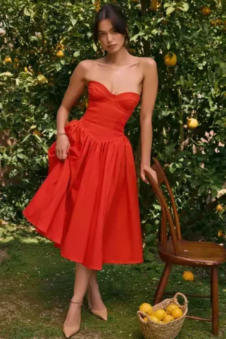 Elizabeth Italian Tomato Strapless Midi Sundress