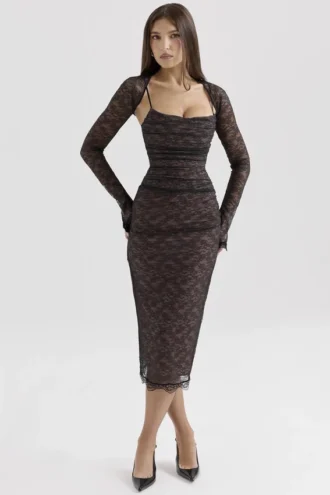 Gaia Black Lace Corset Midi Dress