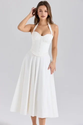 Georgie White Stretch Cotton Halter Neck Midi Dress