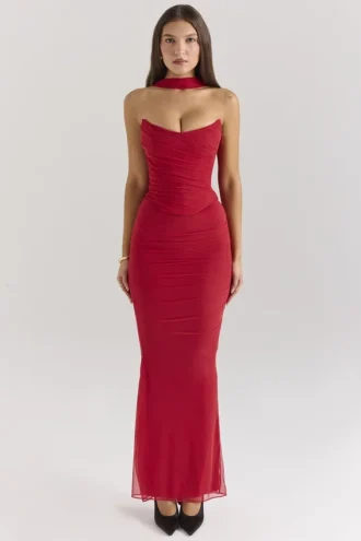 Hallie Holly Red Strapless Corset Top with Detachable Neck Scarf