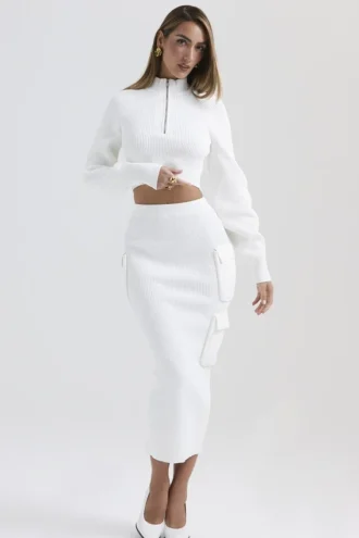 Maeve White Ribbed Knit Cargo Skirt