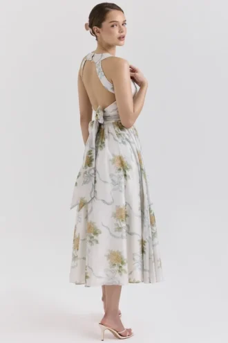 Minerva Soft Blue Vintage Ribbon Print Chiffon Midi Dress
