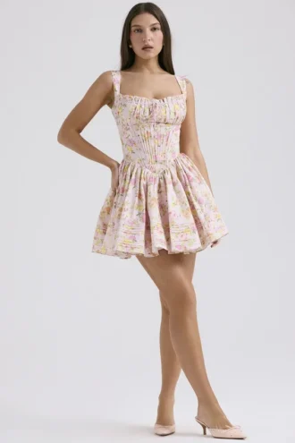 Natassia Pink Meadow Print Cotton Mini Dress