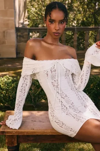 Sadie Vintage Cream Floral Lace Off Shoulder Mini Dress