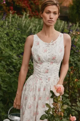 Sienna Rose Print Stretch Cotton Lace Up Midi Dress