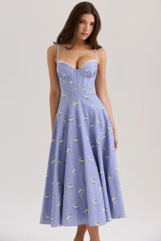 Steffani Blue Daisy Print Stretch Cotton Midi Sundress